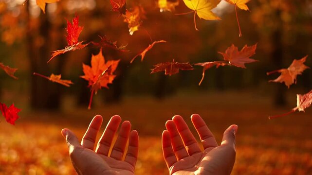 Autumn leaves falling gracefully into outstretched hands in warm sunlight