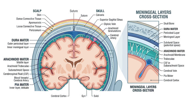 Cross-section of Human Brain with Meningeal Layers Explained