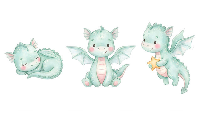 Watercolor baby dragon collection, cute mint green mythical creatures, set of 3 hand painted fantasy dragon illustrations for nursery decor