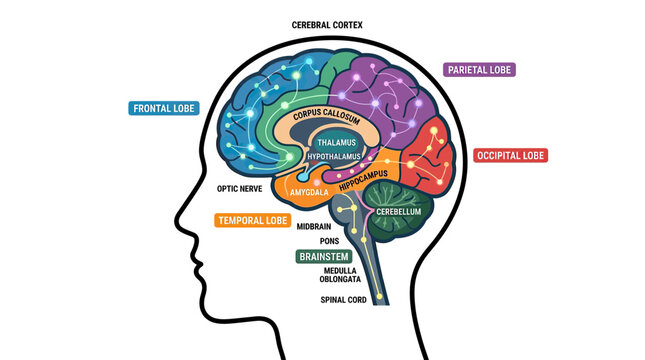 Human Brain Anatomy Diagram with Lobe Color Coding and Neural Connections