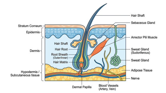 Human Skin Anatomy Diagram: Epidermis, Dermis, Hypodermis, Hair Follicle, Glands