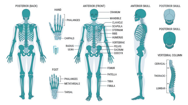 Human Anatomy: Labeled Skeleton Diagram - Anterior, Posterior, Side Views