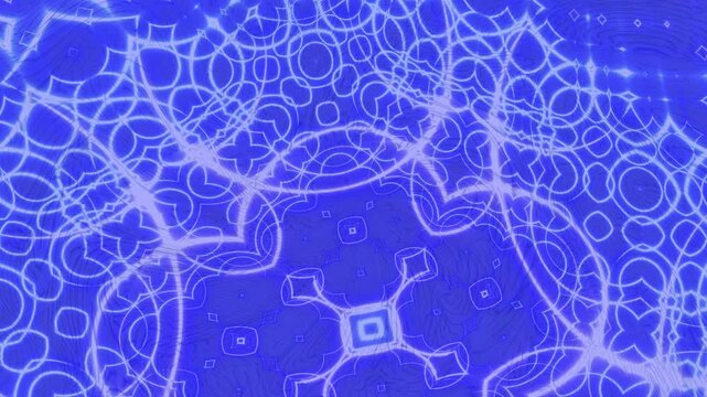 Bright blue geometric circle pattern with glowing outlines, abstract floral shapes, seamless symmetry, futuristic digital texture, luminous details, and modern technology background.