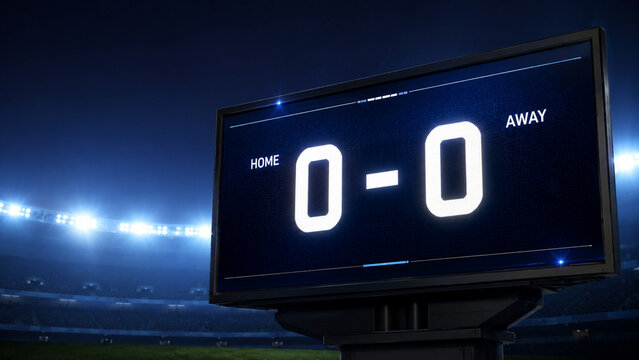 Minimalist stadium screen displaying a zero to zero opening game score in clean white digital numbers