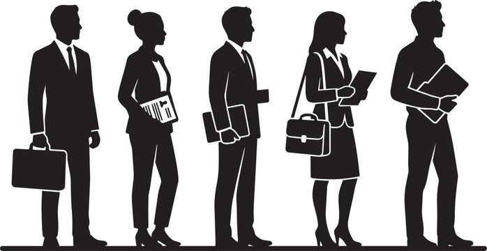 Professional business people standing in queue with documents, briefcases and tablets, corporate office employee silhouette set isolated on white background vector illustration