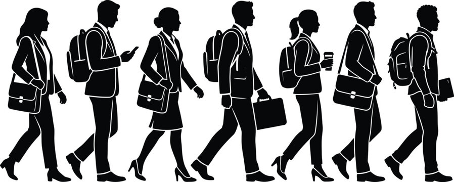 Professional business people walking with backpacks, briefcases, smartphones, and coffee cups, representing modern corporate commuting, workplace mobility, productivity, and urban office lifestyle