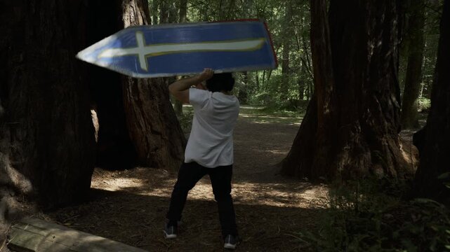 Man Swinging Blue Cross Sign At Fast Speed Among Giant Redwood Trunks - Steady Cam Shot