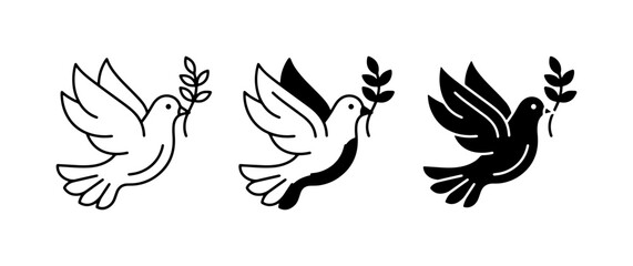 Naklejka premium Peace Dove Icons, Dove with Olive Branch Vector Set, Symbol of Hope and Serenity, Clean Line Art and Silhouette Styles