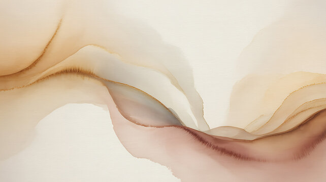 Watercolor abstract composition with flowing beige and brown tones on a white background tan cream pale light flow