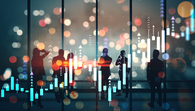 Business team silhouettes in office with glowing financial chart overlays and colorful bokeh lights creating a dynamic corporate atmosphere.