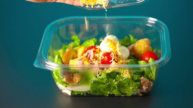 Prepare lunch chicken salad for work in plastic containers. Healthy food. Cheese