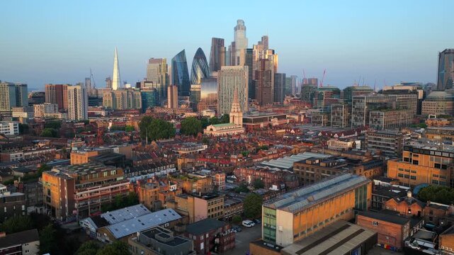 Sunrise Aerial Video  over Spitalfields toward City of London Skyscrapers