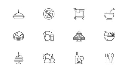 Fototapeta premium Buffet restaurant vector icon sheet – Ideal for self-service dining websites, catering flyers, or food blogs.