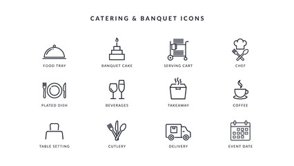 Fototapeta premium Catering service vector icon sheet – Perfect for event planners, banquet menus, or hospitality businesses.