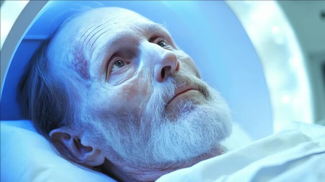 An elderly man with a beard lying down inside an MRI machine.