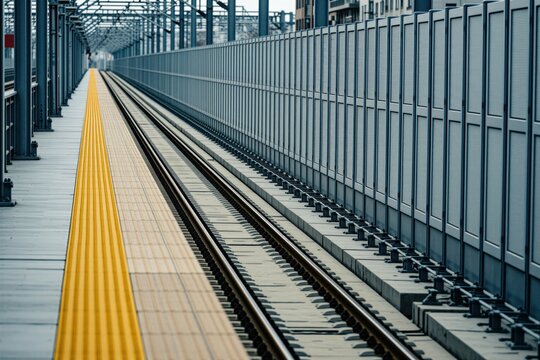 Empty train station platform with parallel tracks and sound barrier wall receding into distance. Yellow safety strip marks platform edge. Modern urban transit infrastructure.