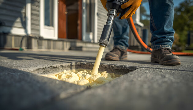 Ultra realistic commercial construction photography, close-up of a construction worker injecting expanding polyurethane foam beneath a sunken concrete walkway, thick cream-yellow PU foam clearly visib