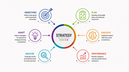 Naklejka premium Business strategy infographic chart vector illustration showing a circular diagram with 6 steps including objectives, plan, execute, performance, analyze, and adapt on white background.