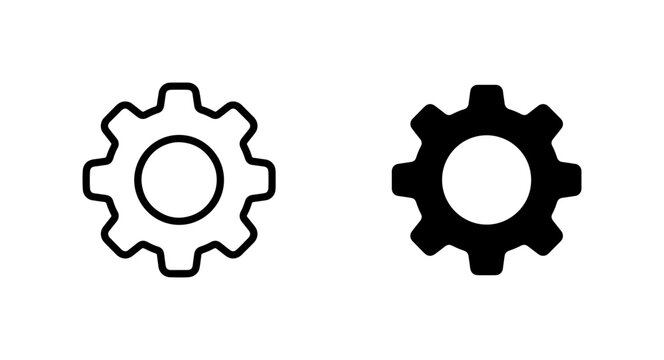 Two Gear Icons, Outline and Solid Black, Mechanical Engineering Symbols, Industrial Design Elements, Machine Parts