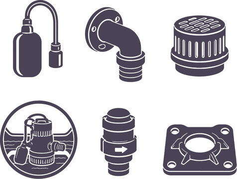 Bilge Pump Accessories Black Silhouette Vector Icon Set Marine Float Switch Hose Outlet Check Valve Hardware