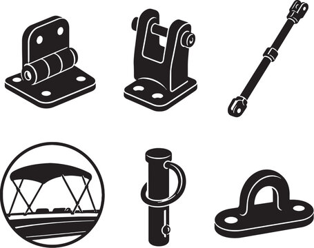 Boat Bimini Top Accessories Black Silhouette Vector Icon Set Deck Hinge Jaw Slide Support Pole Marine Hardware Collection