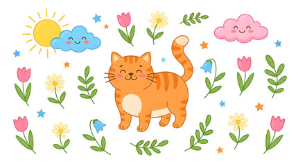Naklejka premium Whimsical Feline Springtime Scene: A cheerful cartoon cat, adorned with playful stripes, stands amidst a vibrant collection of springtime elements including blooming flowers, smiling sun and clouds.