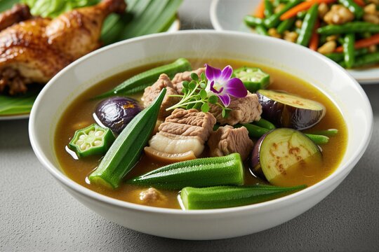 Filipino pork sinigang soup with okra and eggplant in tamarind broth. Delicious asian cuisine served with roasted chicken dish. Healthy meal with fresh ingredients. Savory sour stew.