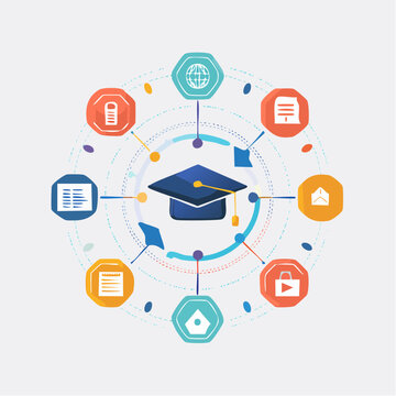 Digital E-learning Concept with Graduation Cap and Education Technology Network Icons for Online Study and Academic Training