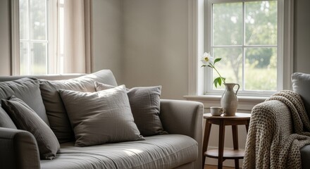 Fototapeta premium Bright modern living room interior with grey sofa and window.