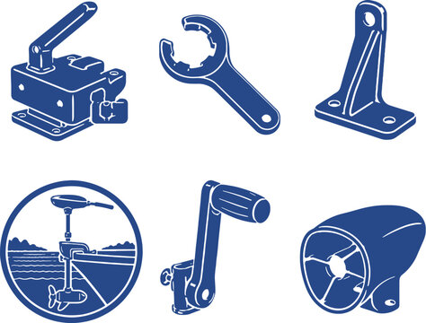 Trolling Motor Accessories Black Silhouette Vector Icon Set Marine Mount Propeller Wrench Support Hardware