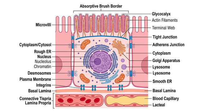 Intestinal Epithelial Cell Structure: Microvilli, Nucleus, Organelles, and Junctions