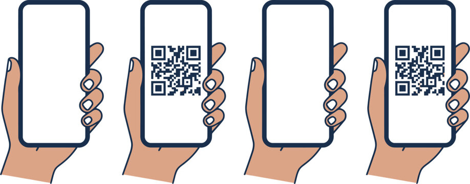 Set of hands holding smartphones with and without qr codes smartphone software
