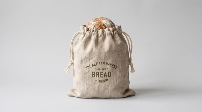 Realistic image of a small fabric bread bag with drawstring closure on isolated background