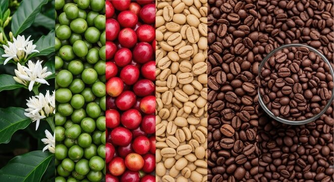 Coffee bean to brew a visual journey of coffee processing stages from blossom to roasted beans