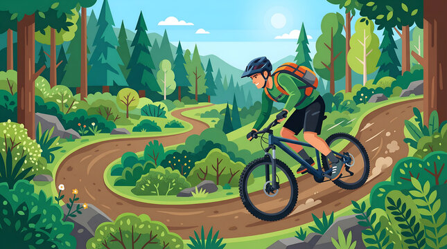 Woman riding bicycle on winding forest trail summer nature vector illustration