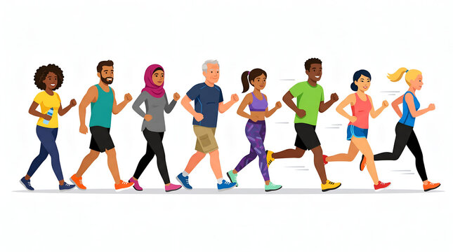 Diverse group of people running together sport lifestyle vector illustration