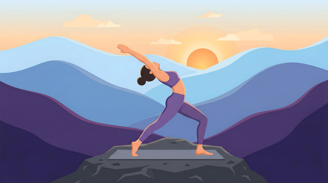 Woman doing yoga on mountain peak during beautiful sunset vector illustration