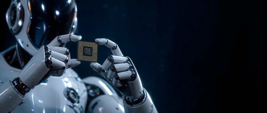 Artificial intelligence humanoid robot holding a chip 