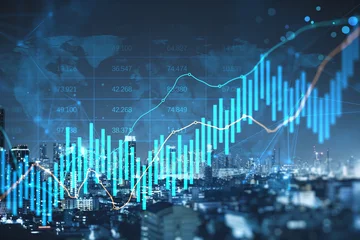 Fototapeten Restaurant Financial market skyline with glowing stock graphs, rising currency lines, and digital data overlays illustrating global economic trends.  © Who is Danny