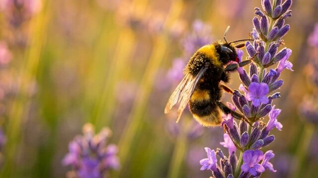 bumblebee close up on wildflower in cotswolds england golden light video