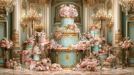Obraz premium Birthday celebration elegant cake luxurious gift boxes joyful milestone cherished memories close up luxury celebration theme realistic Composite grand ballroom backdrop. 