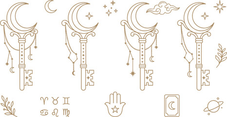 Mystical celestial crescent moon keys line art set with zodiac symbols tarot card and hamsa handMystical celestial crescent moon keys line art set with zodiac symbols tarot card and hamsa hand © MdAmzad