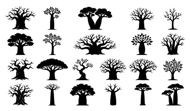 Modern African Baobab Tree Silhouette Vector Icon Pack
