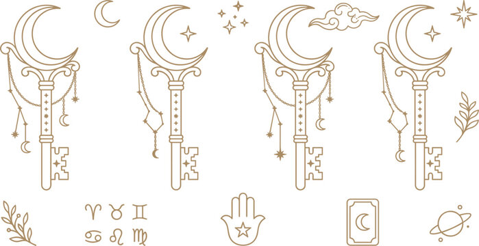 Mystical celestial crescent moon keys line art set with zodiac symbols tarot card and hamsa handMystical celestial crescent moon keys line art set with zodiac symbols tarot card and hamsa hand