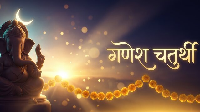 Ganesh Chaturthi Hindi Banner &ndash; Midnight Indigo Golden Light