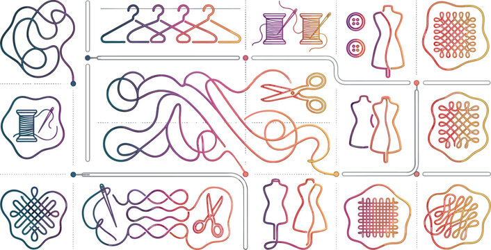 Sewing and tailoring infographic elements set with colorful gradient thread line icons and scissors vectorSewing and tailoring infographic elements set with colorful gradient thread line icons and 