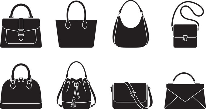 Silhouette of various stylish handbags and purses in black