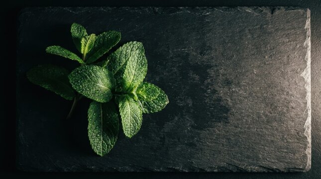 Fresh green mint leaves with water droplets on dark slate stone board, top view flat lay with copy space