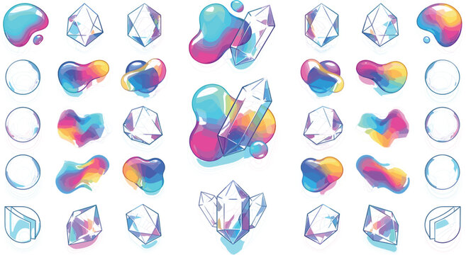Holographic crystal and 3D fluid blobs set with iridescent geometric abstract shapes vectorHolographic crystal and 3D fluid blobs set with iridescent geometric abstract shapes vector