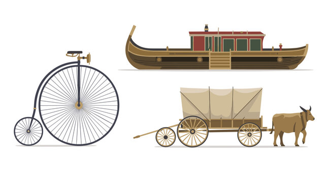 Historical transportation icons including a penny-farthing bicycle, a traditional river barge, and a horse-drawn covered wagon on white background.